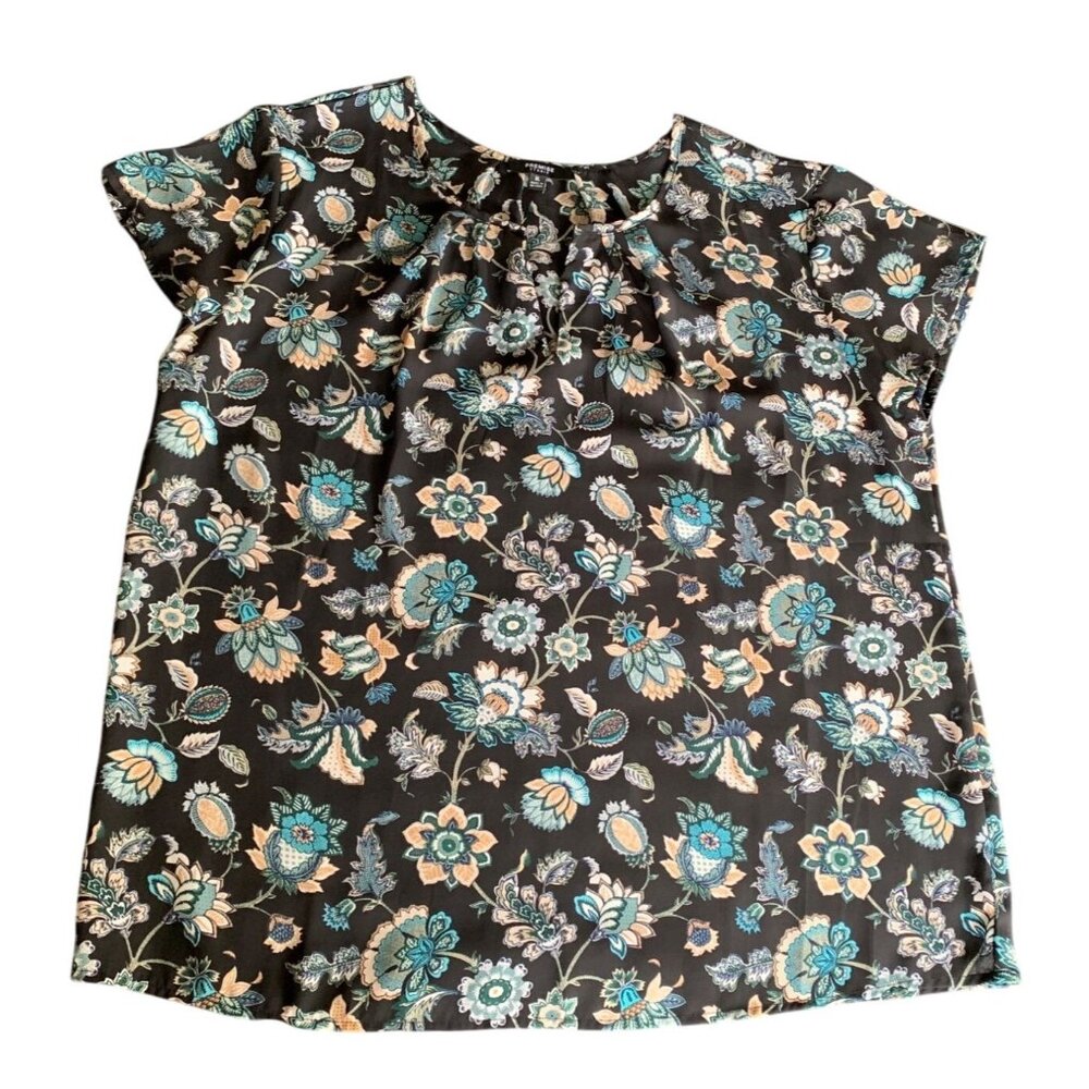 Premise Studio Womens Floral Short Sleeve Top Size XLarge Black Multicolor